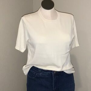 City Silk Silk/Cotton Blend Knit Cream Crew Neck Short Sleeve Pullover Sweater